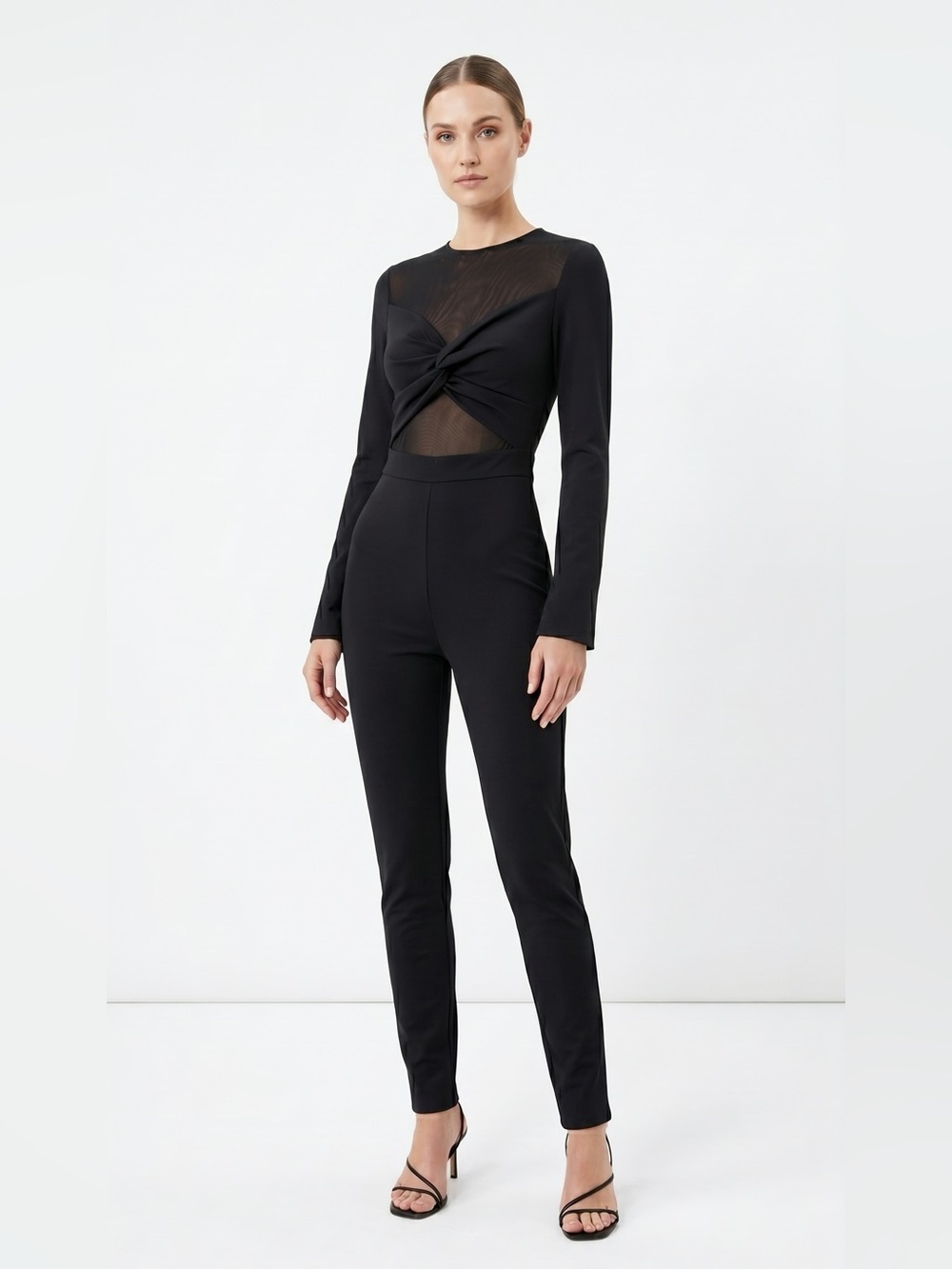 Black Twist-Front Sheer Inset Jumpsuit